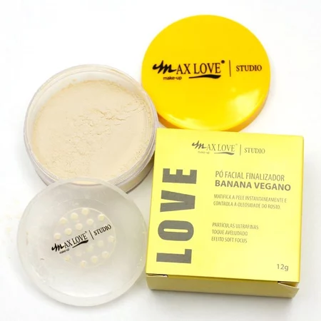 Kit de maquiagem completo na Shopee com o pó banana finalizador vegano da Max Love em embalagem amarela sobre fundo colorido.