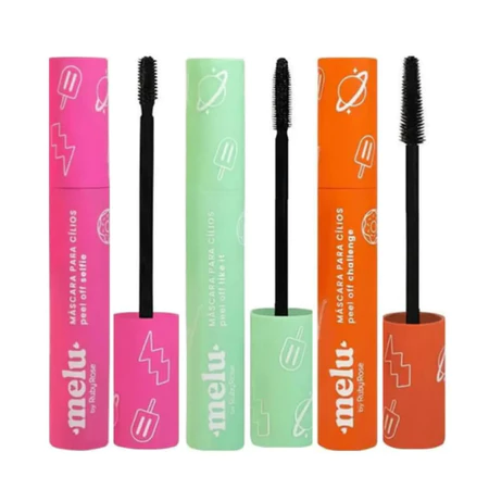 Três embalagens coloridas da máscara para cílios Melu da Ruby Rose nas cores rosa, verde e laranja com seus respectivos aplicadores de silicone ao lado.